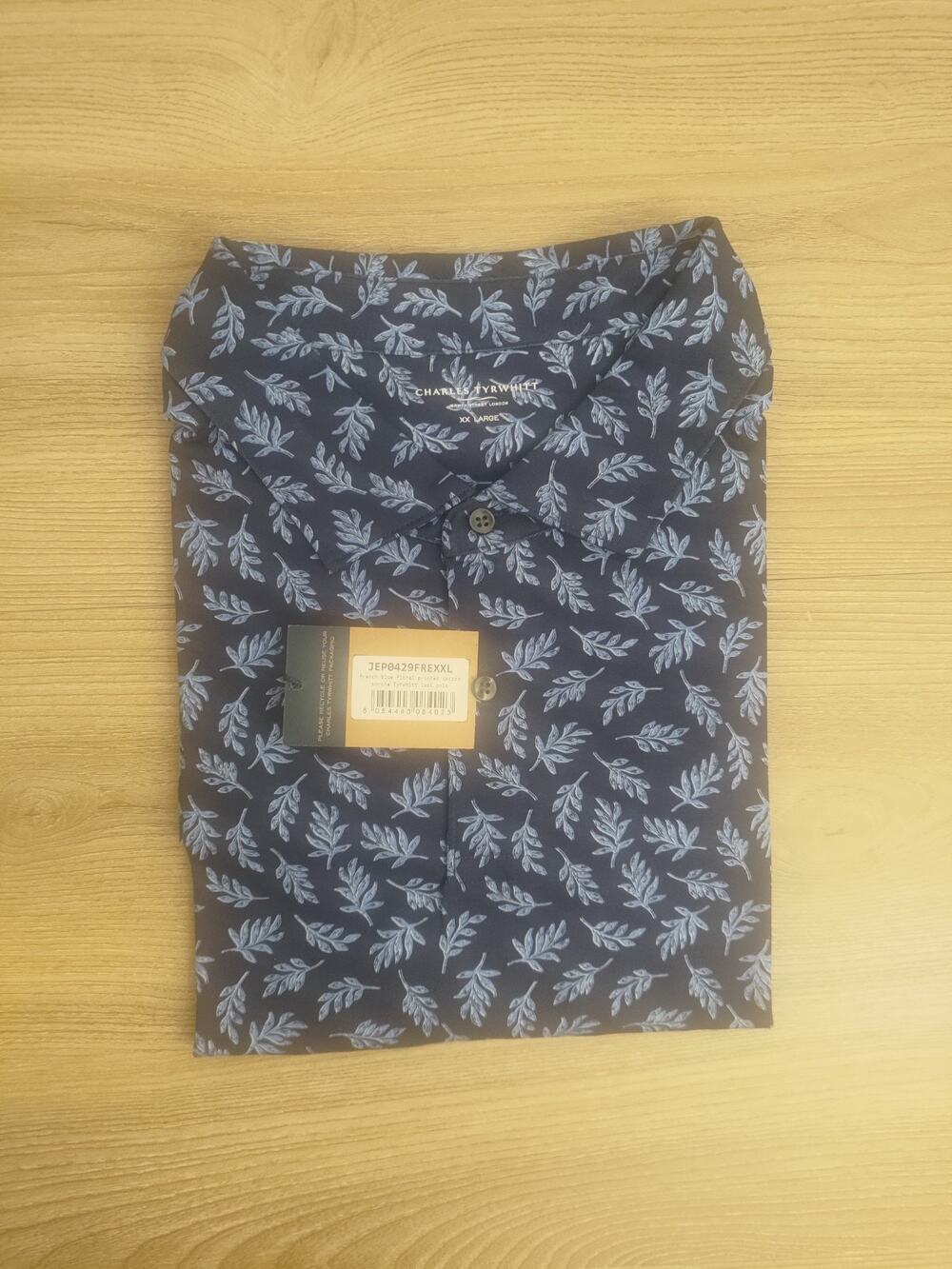 Button Neck Men's Polo Shirt XXL 2XL Charles Tyrwhitt Foliage Print French Blue